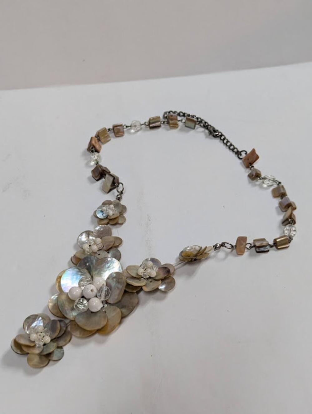 vintage Shelf and beads Flower Necklace STATEMENT Cascading Bouquet beachcomber